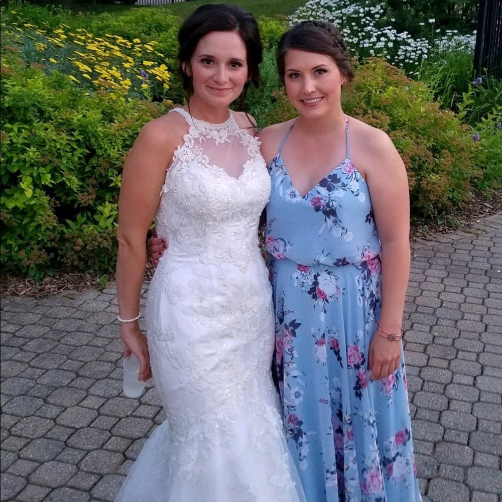 Size 8 pale blue rose Kleinfield bridesmaids dress, hemmed to 5’2 full length.